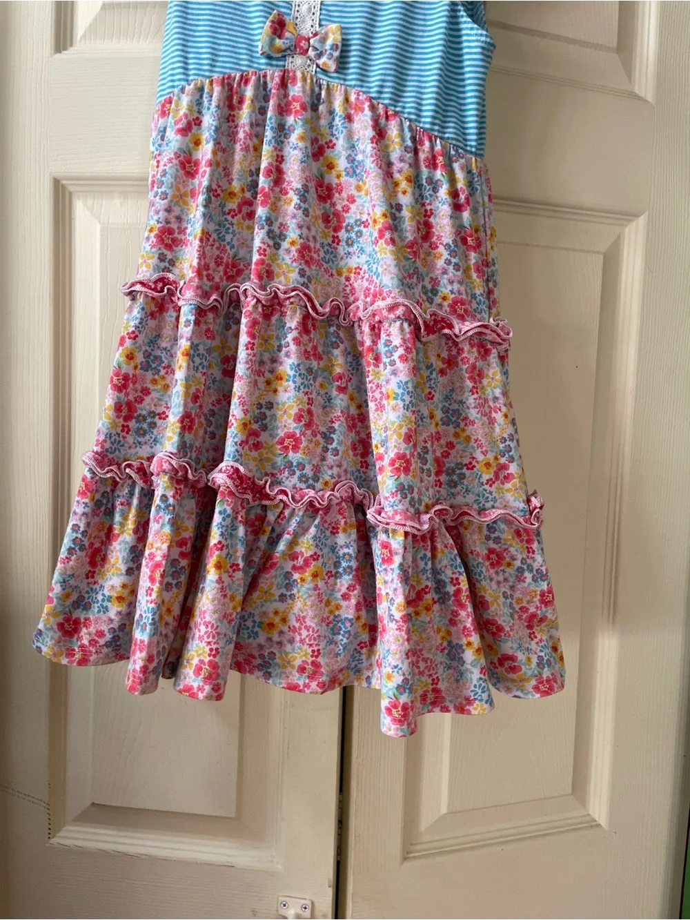 Girls Blue & Pink Floral Ruffle Tiered Dress